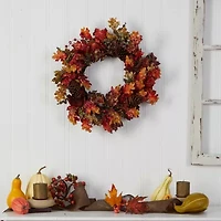 Nearly Natural "24"" Maple Berries & Pinecone" Wreath