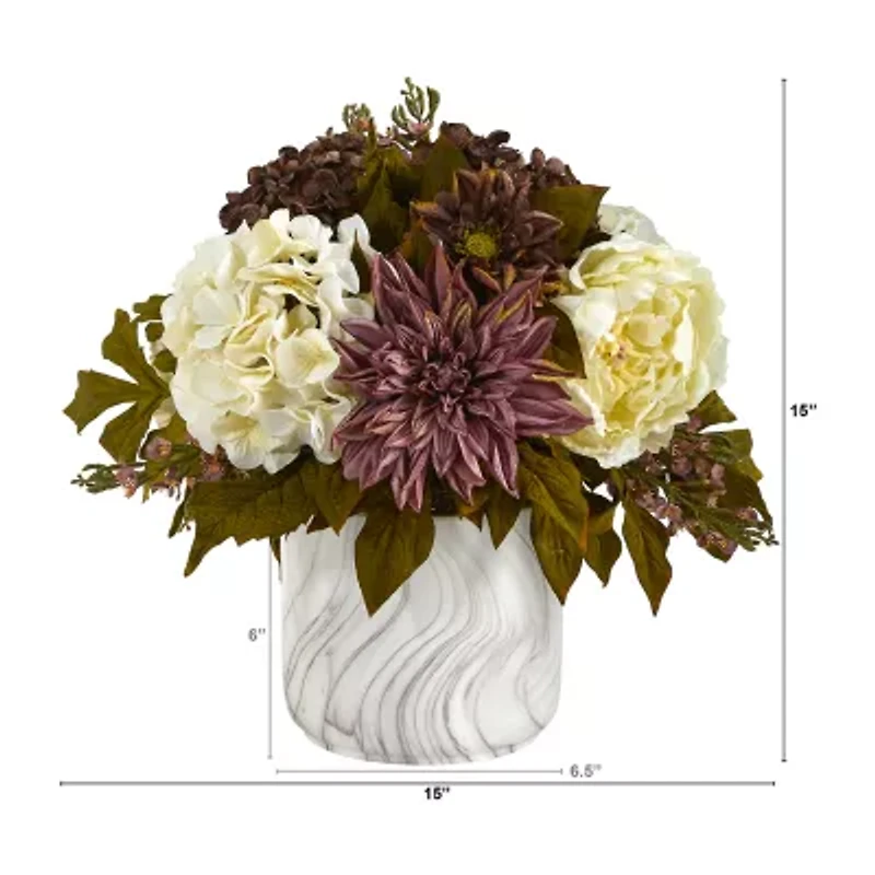 Nearly Natural Faux Peony Hydrangea & Dahlia Floral Arrangement