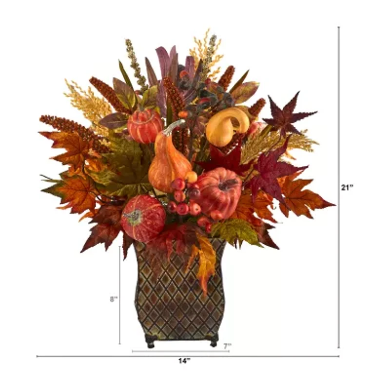 Nearly Natural Faux Pumpkin Maple Leaf & Sorghum Floral Arrangement