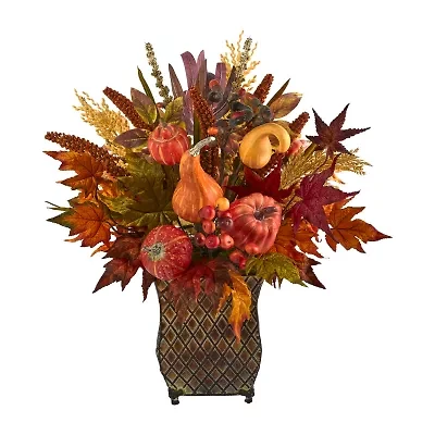 Nearly Natural Faux Pumpkin Maple Leaf & Sorghum Floral Arrangement