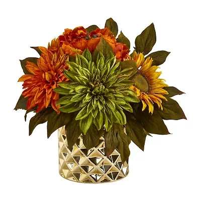 Nearly Natural 11" Faux Peony Dahlia & Sunflower Floral Arrangement