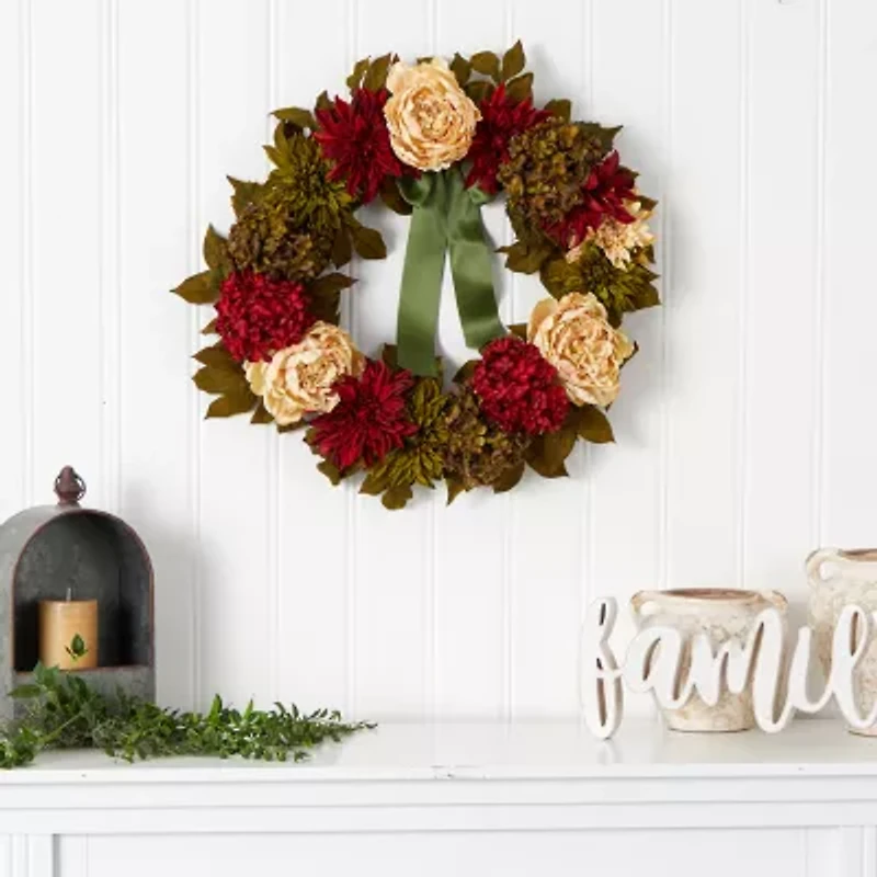 Nearly Natural 24" Peony Dahlia Hydrangea Faux Wreath