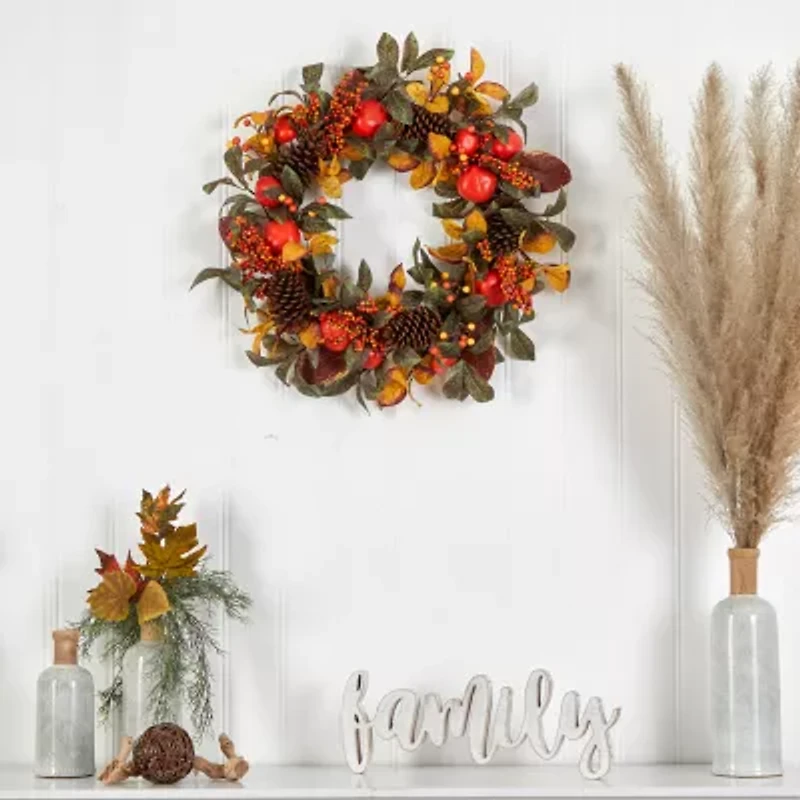 Nearly Natural 26" Persimmon & Pinecones Faux Wreath