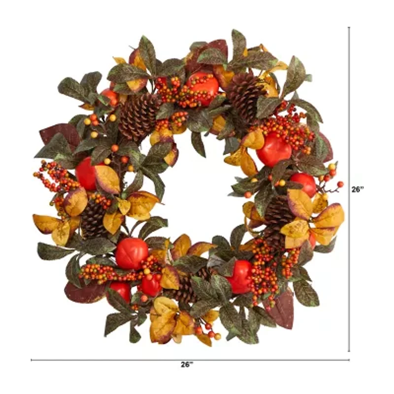 Nearly Natural 26" Persimmon & Pinecones Faux Wreath