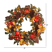 Nearly Natural 26" Persimmon & Pinecones Faux Wreath