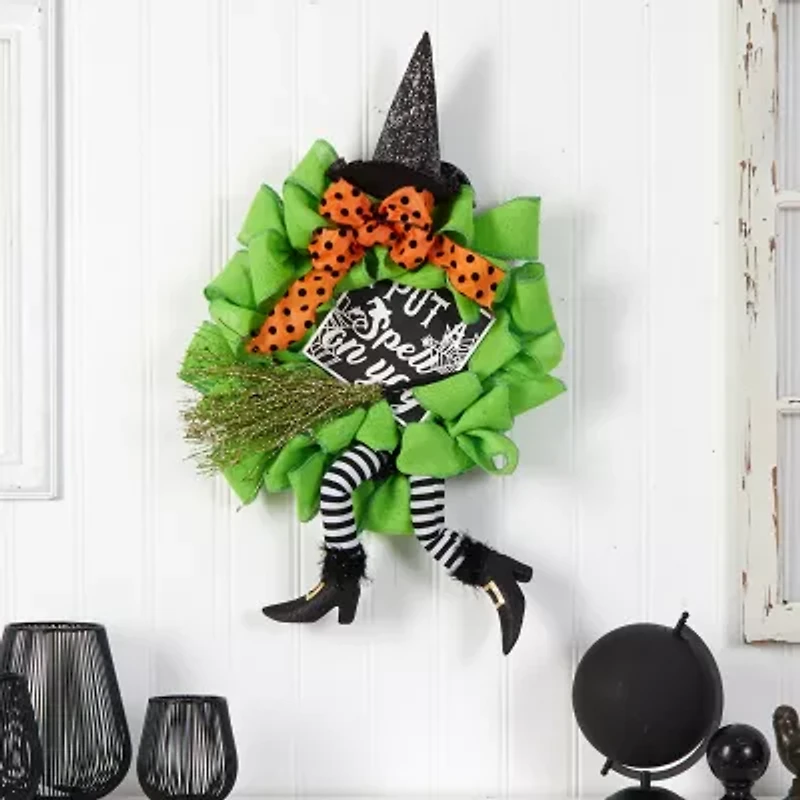 Nearly Natural 26" Halloween Witch Broom & Hat Wreath