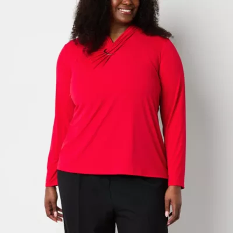 Liz Claiborne Womens Cowl Neck Long Sleeve Plus Blouse