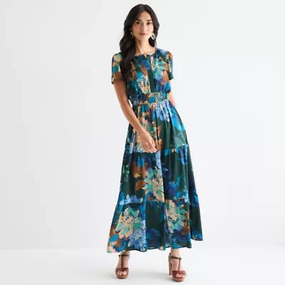 Be by CHETTA B Womens Short Sleeve Floral Maxi Dress