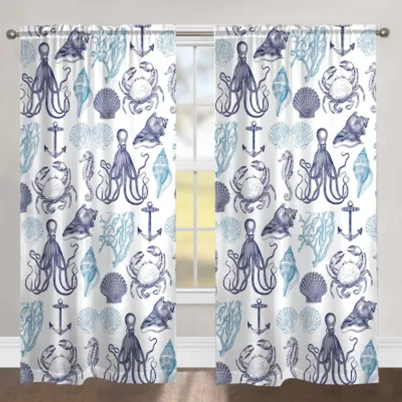 Laural Home Navy Coastal Creatures Rod Pocket Sheer Single Curtain Panel