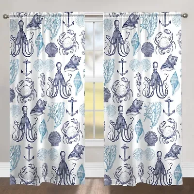 Laural Home Navy Coastal Creatures Rod Pocket Sheer Single Curtain Panel