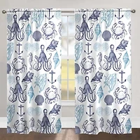 Laural Home Navy Coastal Creatures Rod Pocket Sheer Single Curtain Panel
