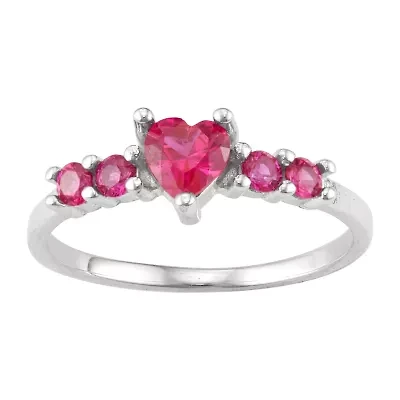 Girls Red Cubic Zirconia Sterling Silver Heart Cocktail Ring
