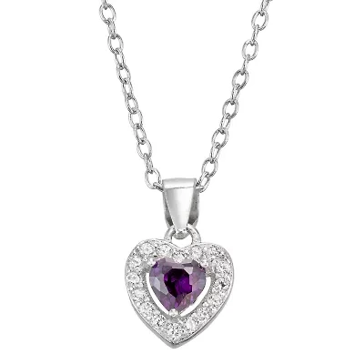 Girls Cubic Zirconia Sterling Silver Heart 15 Inch Pendant Necklace