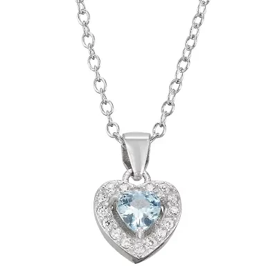 Girls Cubic Zirconia Sterling Silver Heart 15 Inch Pendant Necklace