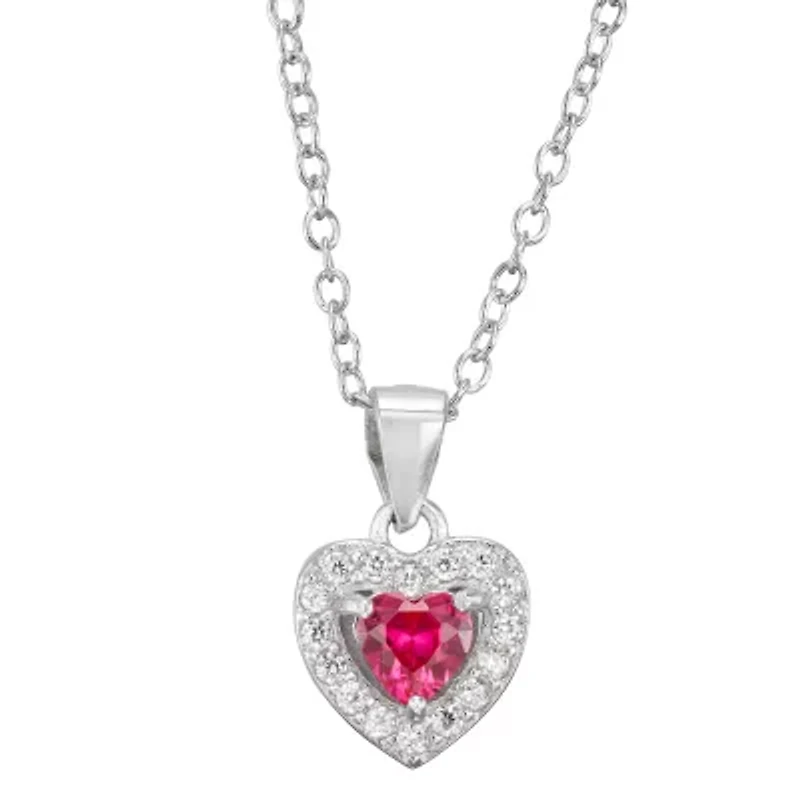Girls Red Cubic Zirconia Sterling Silver Heart 15 Inch Pendant Necklace