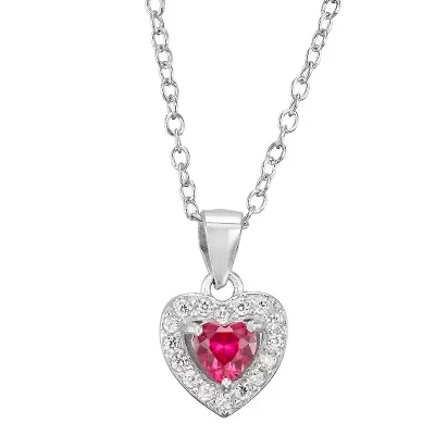 Girls Red Cubic Zirconia Sterling Silver Heart 15 Inch Pendant Necklace