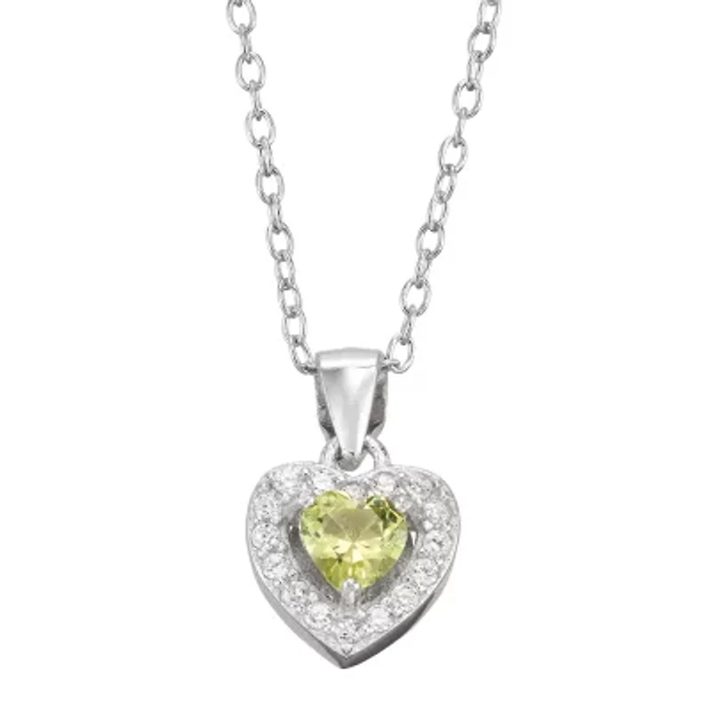 Girls Green Cubic Zirconia Sterling Silver Heart 15 Inch Pendant Necklace