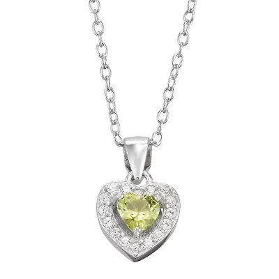 Girls Green Cubic Zirconia Sterling Silver Heart 15 Inch Pendant Necklace