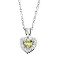 Girls Green Cubic Zirconia Sterling Silver Heart 15 Inch Pendant Necklace