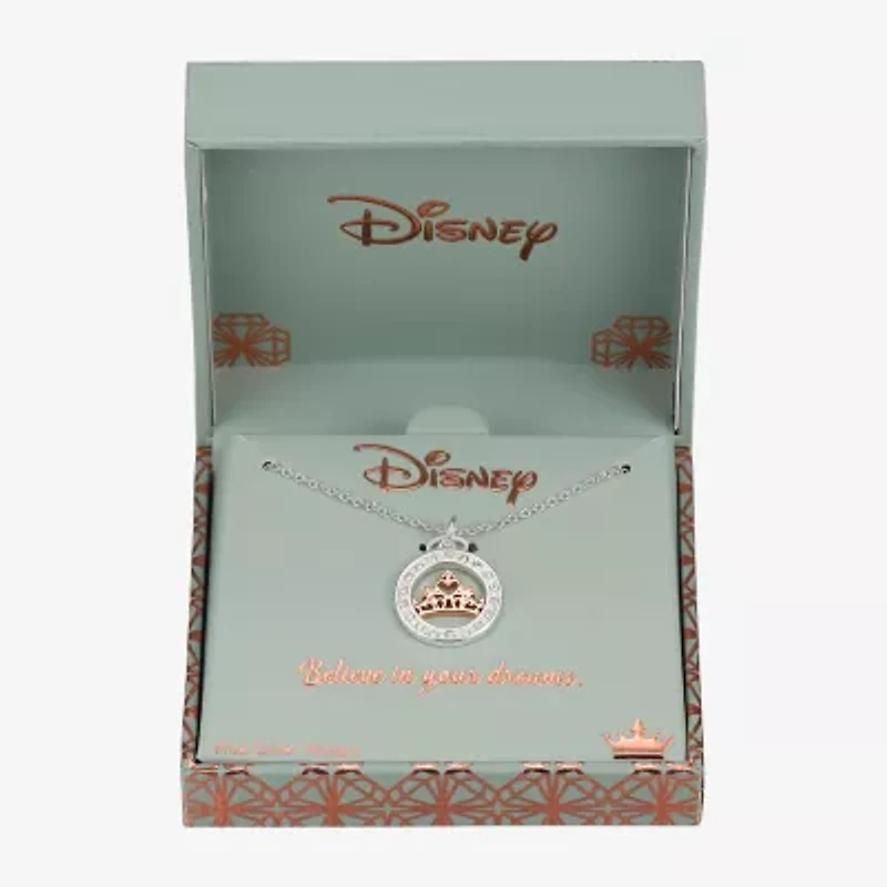 Disney Classics Womens Crystal Pure Silver Over Brass Crown 18 Inch Pendant Necklace