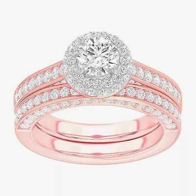 G-H / Si1-Si2) Womens / CT. T.W. Lab Grown White Diamond 14K Gold Round Side Stone Halo Bridal Set