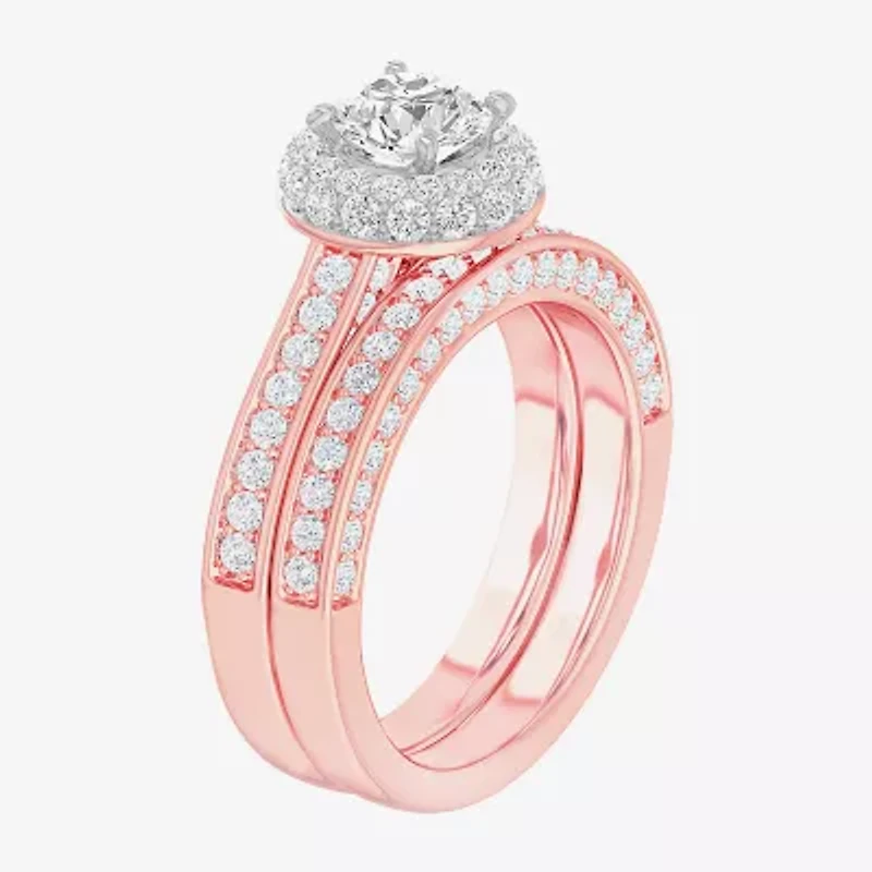 G-H / Si1-Si2) Womens / CT. T.W. Lab Grown White Diamond 14K Gold Round Side Stone Halo Bridal Set