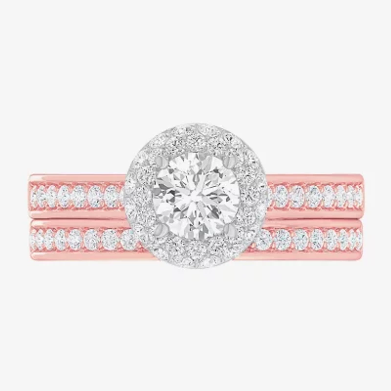 G-H / Si1-Si2) Womens / CT. T.W. Lab Grown White Diamond 14K Gold Round Side Stone Halo Bridal Set