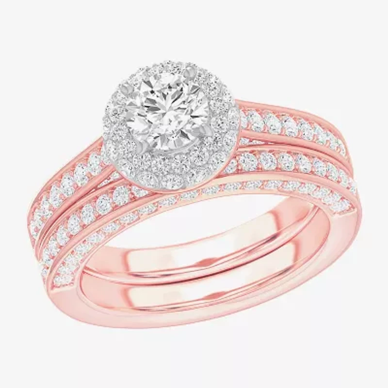 G-H / Si1-Si2) Womens / CT. T.W. Lab Grown White Diamond 14K Gold Round Side Stone Halo Bridal Set