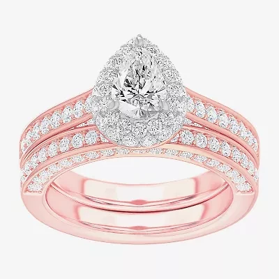 (G-H / Si1-Si2) Womens 1 7/8 CT. T.W. Lab Grown White Diamond 14K Gold Pear Side Stone Halo Engagement Ring