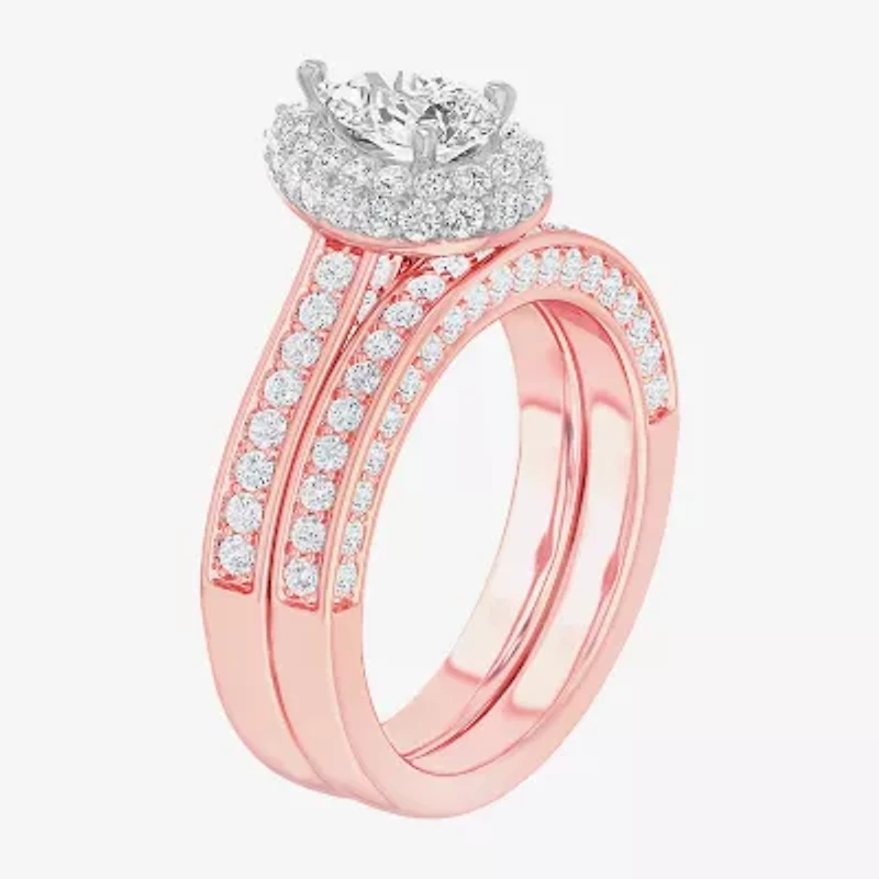 (G-H / Si1-Si2) Womens 1 7/8 CT. T.W. Lab Grown White Diamond 14K Gold Pear Side Stone Halo Engagement Ring