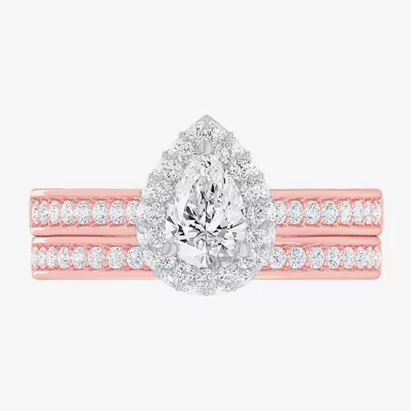 (G-H / Si1-Si2) Womens 1 7/8 CT. T.W. Lab Grown White Diamond 14K Gold Pear Side Stone Halo Engagement Ring