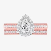 (G-H / Si1-Si2) Womens 1 7/8 CT. T.W. Lab Grown White Diamond 14K Gold Pear Side Stone Halo Engagement Ring