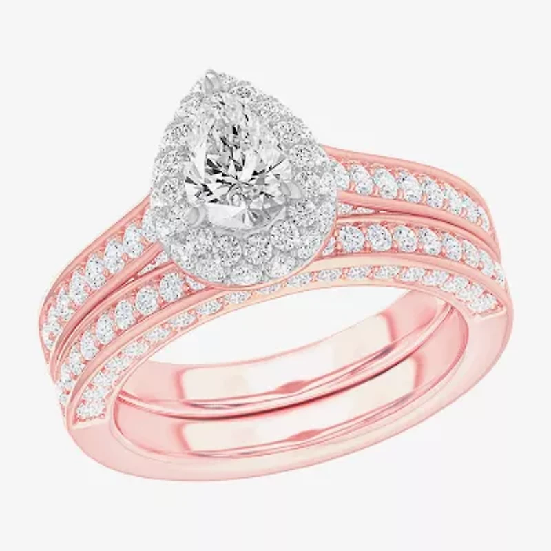 (G-H / Si1-Si2) Womens 1 7/8 CT. T.W. Lab Grown White Diamond 14K Gold Pear Side Stone Halo Engagement Ring