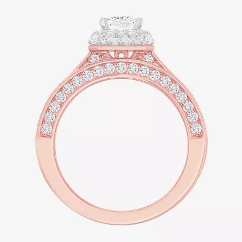 (G-H / Si1-Si2) Womens 1 7/8 CT. T.W. Lab Grown White Diamond 14K Gold Side Stone Halo Engagement Ring