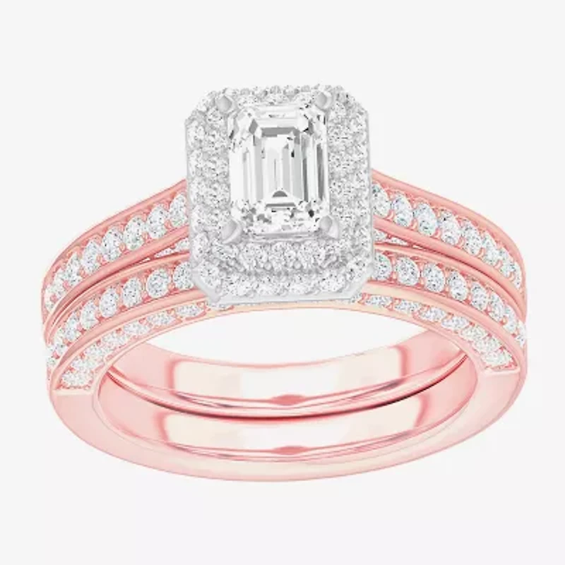 (G-H / Si1-Si2) Womens 1 7/8 CT. T.W. Lab Grown White Diamond 14K Gold Side Stone Halo Engagement Ring