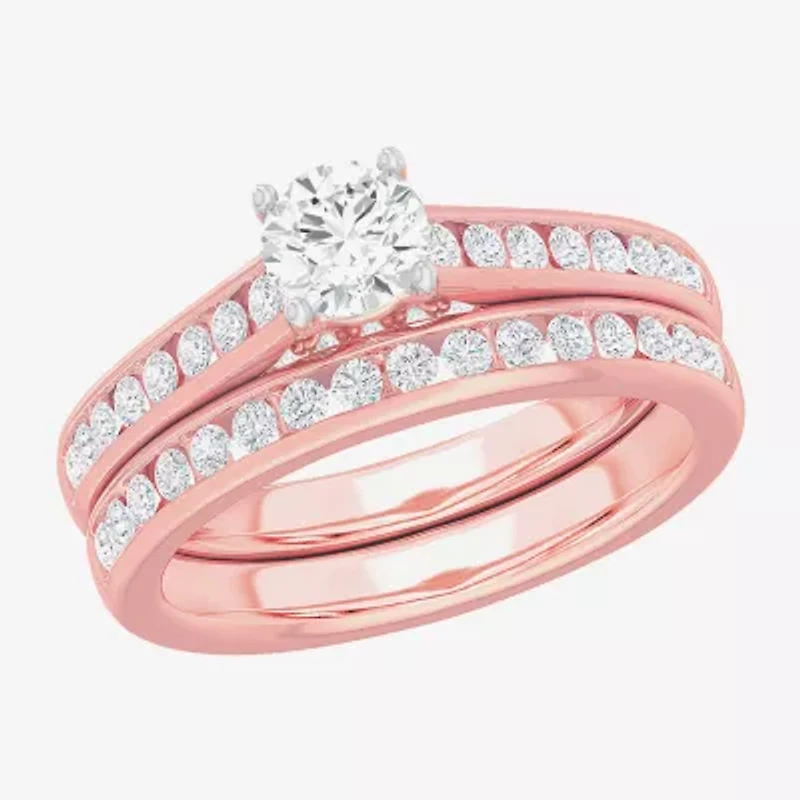 (G-H / Si1-Si2) Womens 1 1/2 CT. T.W. Lab Grown White Diamond 14K Gold Round Side Stone Bridal Set