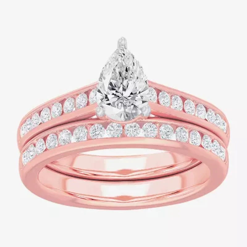 (G-H / Si1-Si2) Womens 1 1/2 CT. T.W. Lab Grown White Diamond 14K Gold Pear Side Stone Bridal Set