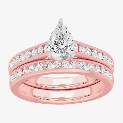 (G-H / Si1-Si2) Womens 1 1/2 CT. T.W. Lab Grown White Diamond 14K Gold Pear Side Stone Bridal Set