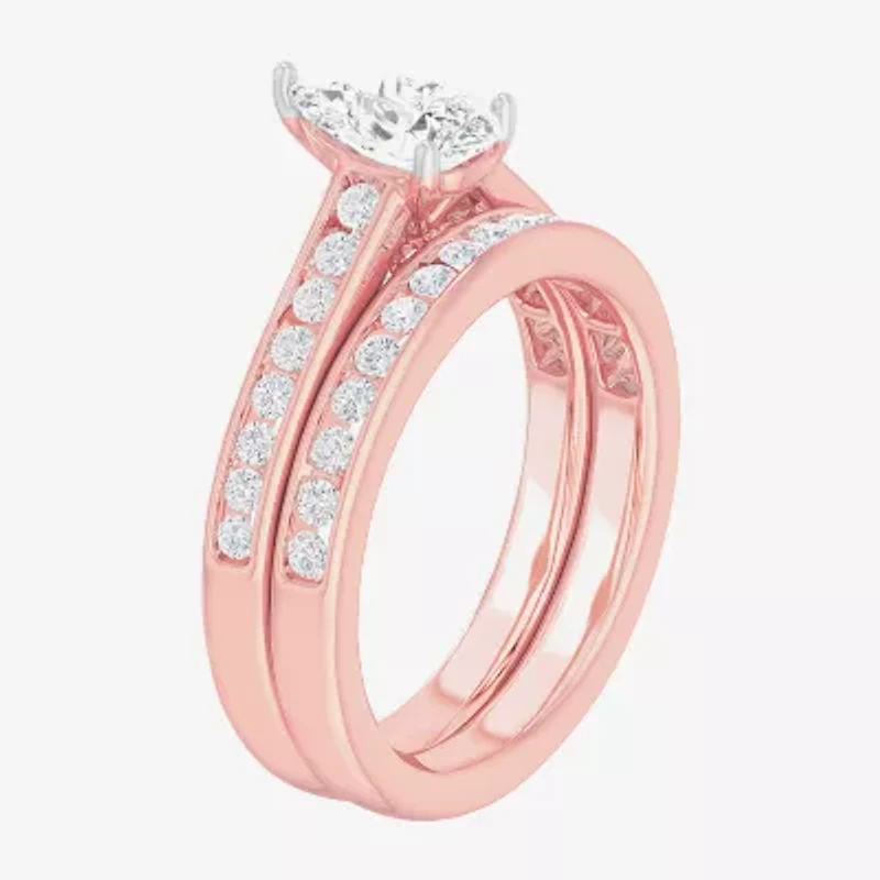 (G-H / Si1-Si2) Womens 1 1/2 CT. T.W. Lab Grown White Diamond 14K Gold Pear Side Stone Bridal Set