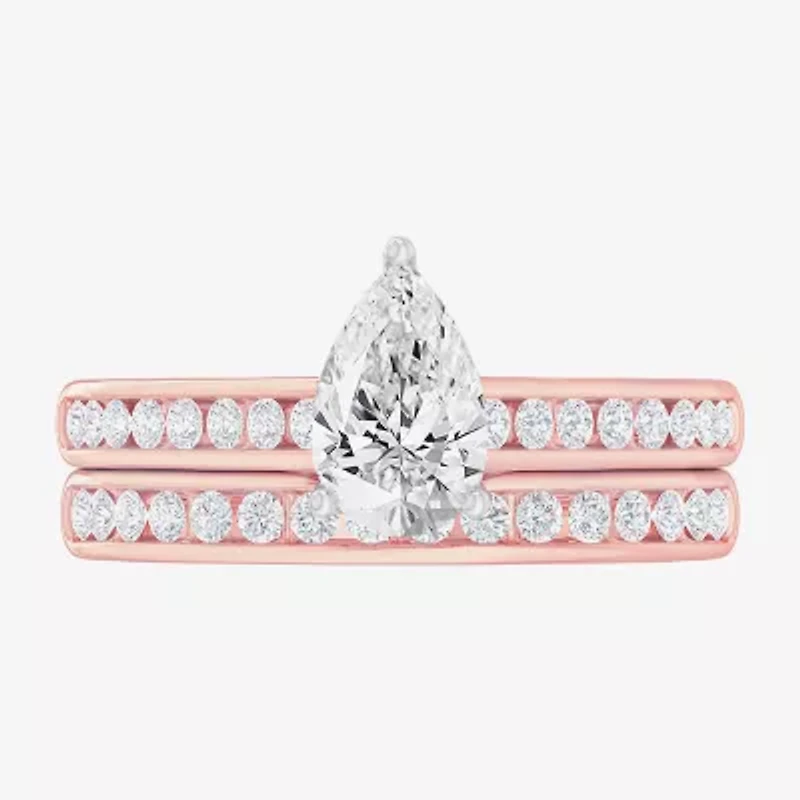 (G-H / Si1-Si2) Womens 1 1/2 CT. T.W. Lab Grown White Diamond 14K Gold Pear Side Stone Bridal Set