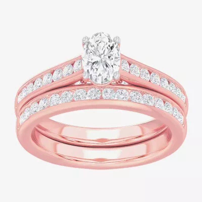 (G-H / Si1-Si2) Womens 1 1/2 CT. T.W. Lab Grown White Diamond 14K Gold Oval Side Stone Bridal Set