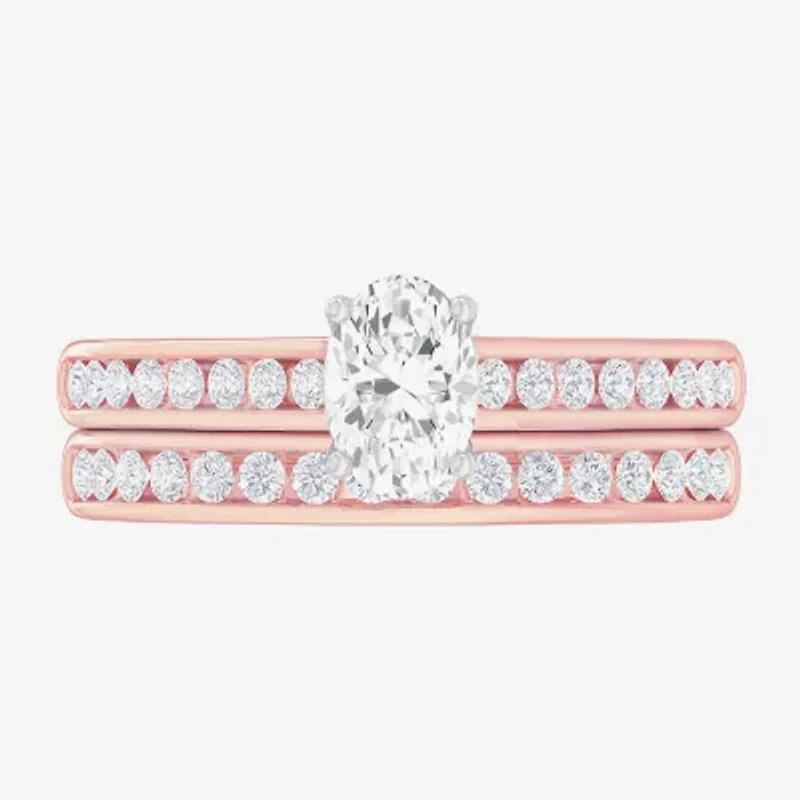 (G-H / Si1-Si2) Womens 1 1/2 CT. T.W. Lab Grown White Diamond 14K Gold Oval Side Stone Bridal Set