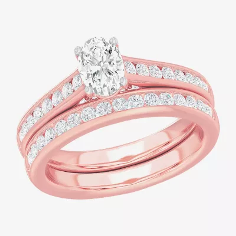 (G-H / Si1-Si2) Womens 1 1/2 CT. T.W. Lab Grown White Diamond 14K Gold Oval Side Stone Bridal Set