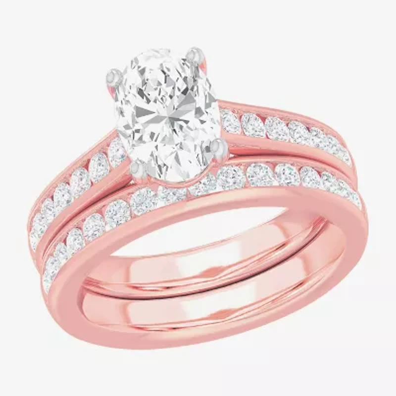 (G-H / Si1-Si2) Womens 3 CT. T.W. Lab Grown White Diamond 14K Gold Oval Side Stone Bridal Set