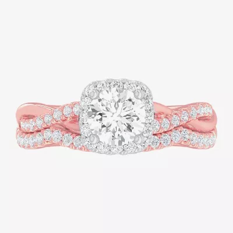 G-H / Si1-Si2) Womens 1 1/6 CT. T.W. Lab Grown White Diamond 14K Gold Cushion Side Stone Halo Bridal Set