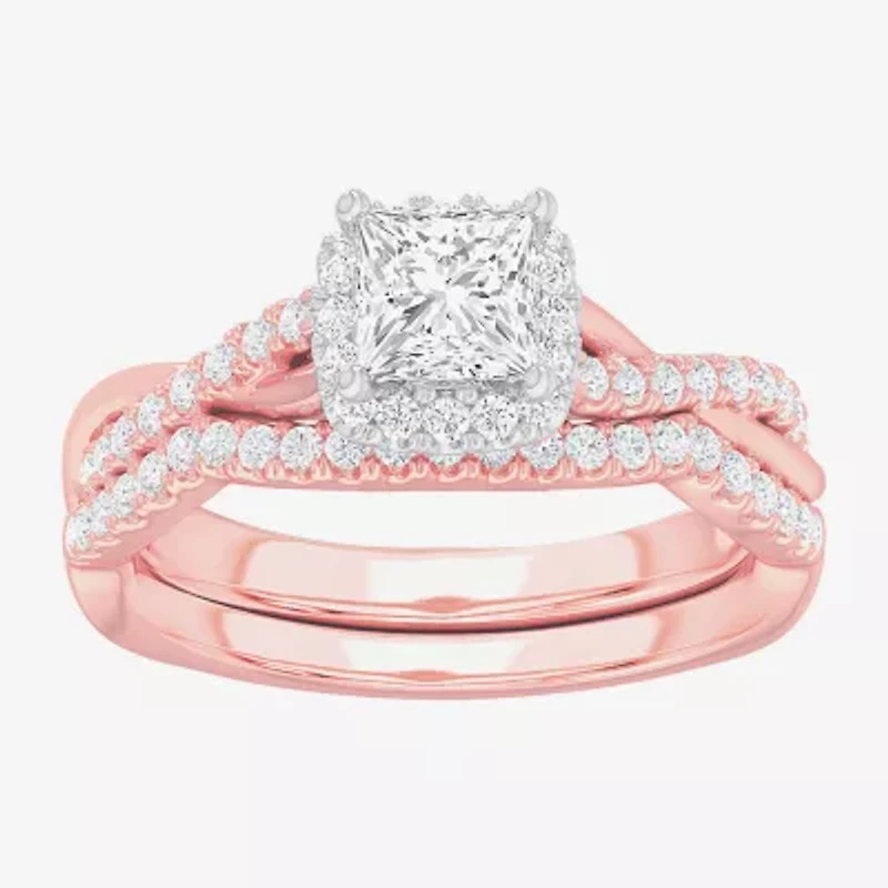 G-H / Si1-Si2) Womens 1 1/ CT. T.W. Lab Grown White Diamond 14K Gold Cushion Side Stone Halo Bridal Set