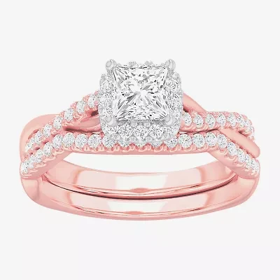 G-H / Si1-Si2) Womens 1 1/ CT. T.W. Lab Grown White Diamond 14K Gold Cushion Side Stone Halo Bridal Set