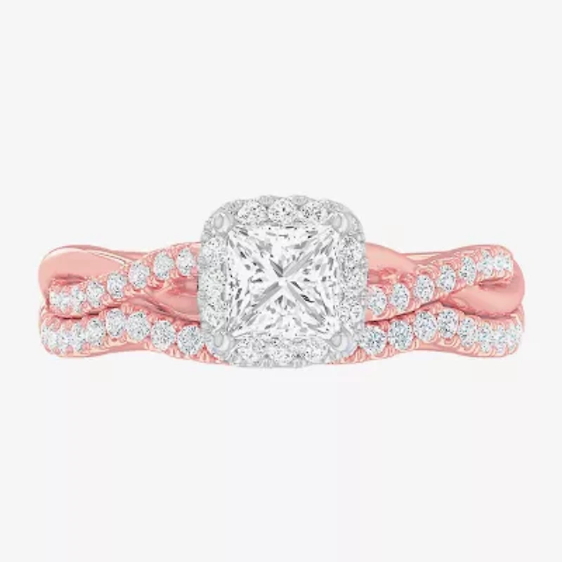 G-H / Si1-Si2) Womens 1 1/ CT. T.W. Lab Grown White Diamond 14K Gold Cushion Side Stone Halo Bridal Set