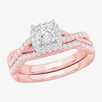 G-H / Si1-Si2) Womens 1 1/ CT. T.W. Lab Grown White Diamond 14K Gold Cushion Side Stone Halo Bridal Set