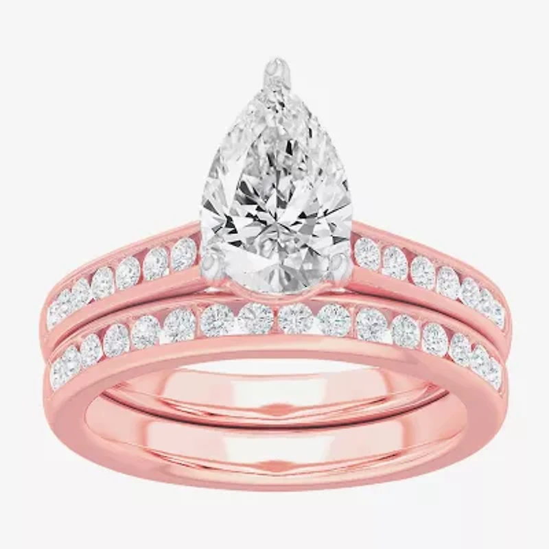 (G-H / Si1-Si2) Womens 3 CT. T.W. Lab Grown White Diamond 14K Gold Pear Side Stone Bridal Set